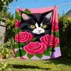 1pc Cat Roses Outdoor Flannel Blanket Soft All Season Polyester Throw , Perfect for Picnics & Travel , Picnic Accessory