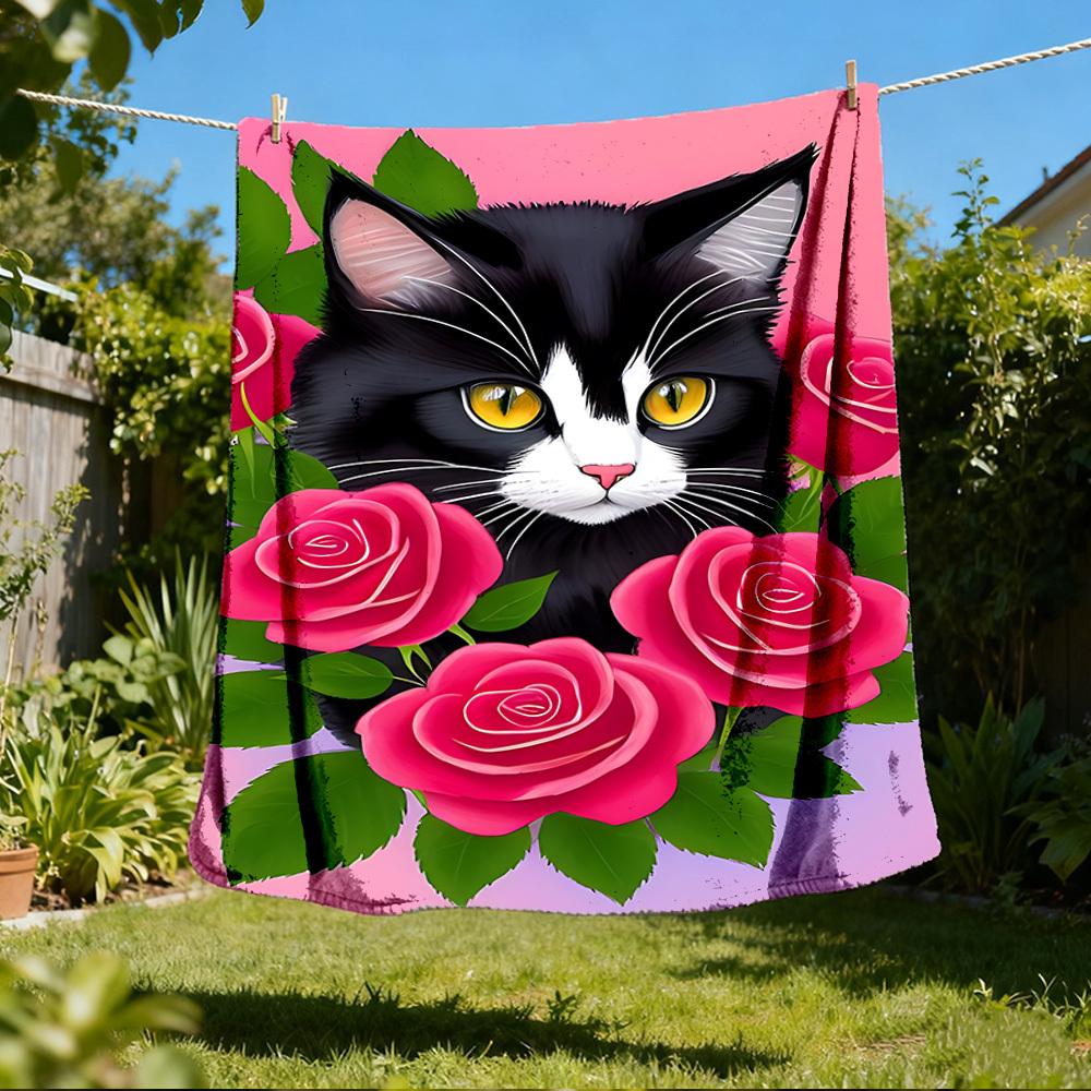 1pc Cat Roses Outdoor Flannel Blanket Soft All Season Polyester Throw , Perfect for Picnics & Travel , Picnic Accessory