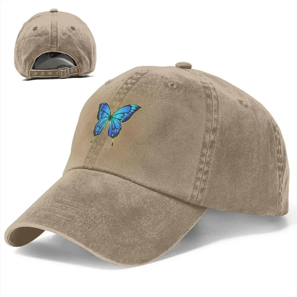 Blue Butterfly Washed Baseball Cap Casual Polyester Adjustable Sports Golf Hat for Unisex Adults
