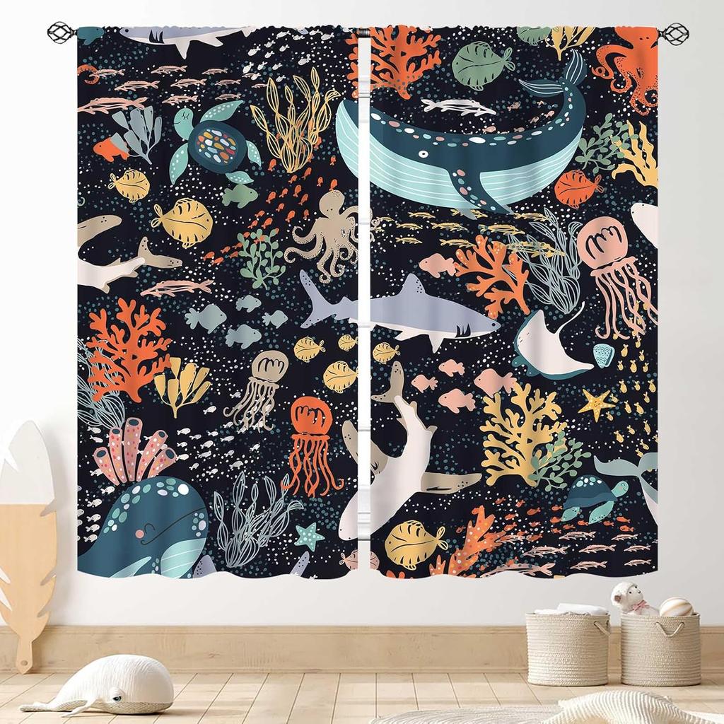 Dinosaur Curtains Boys Room Cartoon Dino Navy Blue Safari Animal Outer Space Planet Astronaut Theme Baby Window Curtain Blackout Polyester