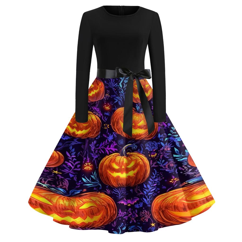 Women's Casual Vintage Halloween Print Dress Long Sleeve Round Neck Retro Style Fit and Flare Midi Dress with Waist Tie