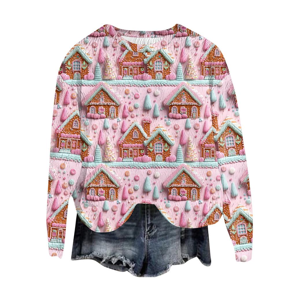 Women's Fashion Round Neck Pullover Top Long Sleeve Tee Christmas Printed Sweatshirt