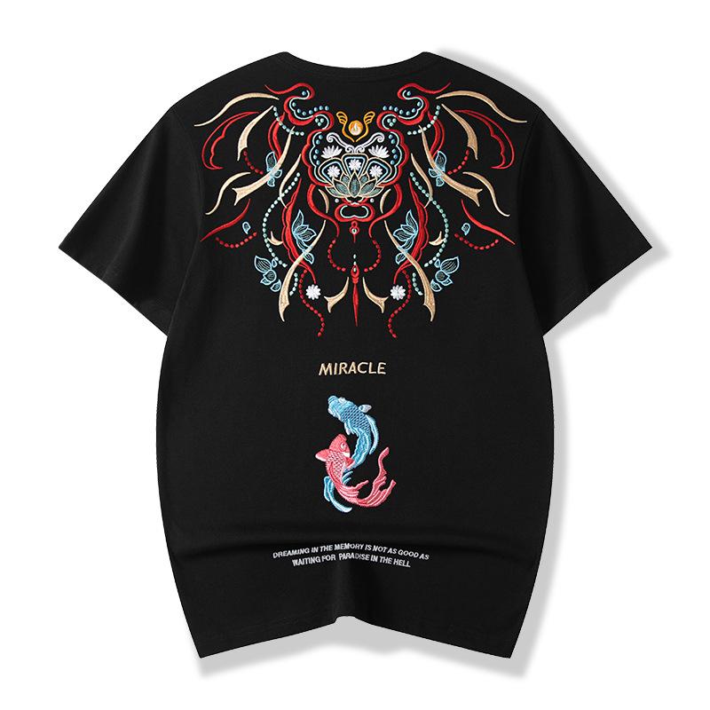 

Ins tide, хлопковая футболка с короткими рукавами в китайском стиле с вышивкой кои, мужские свободные трендовые мужские топы больших размеров XXXXL чёрный