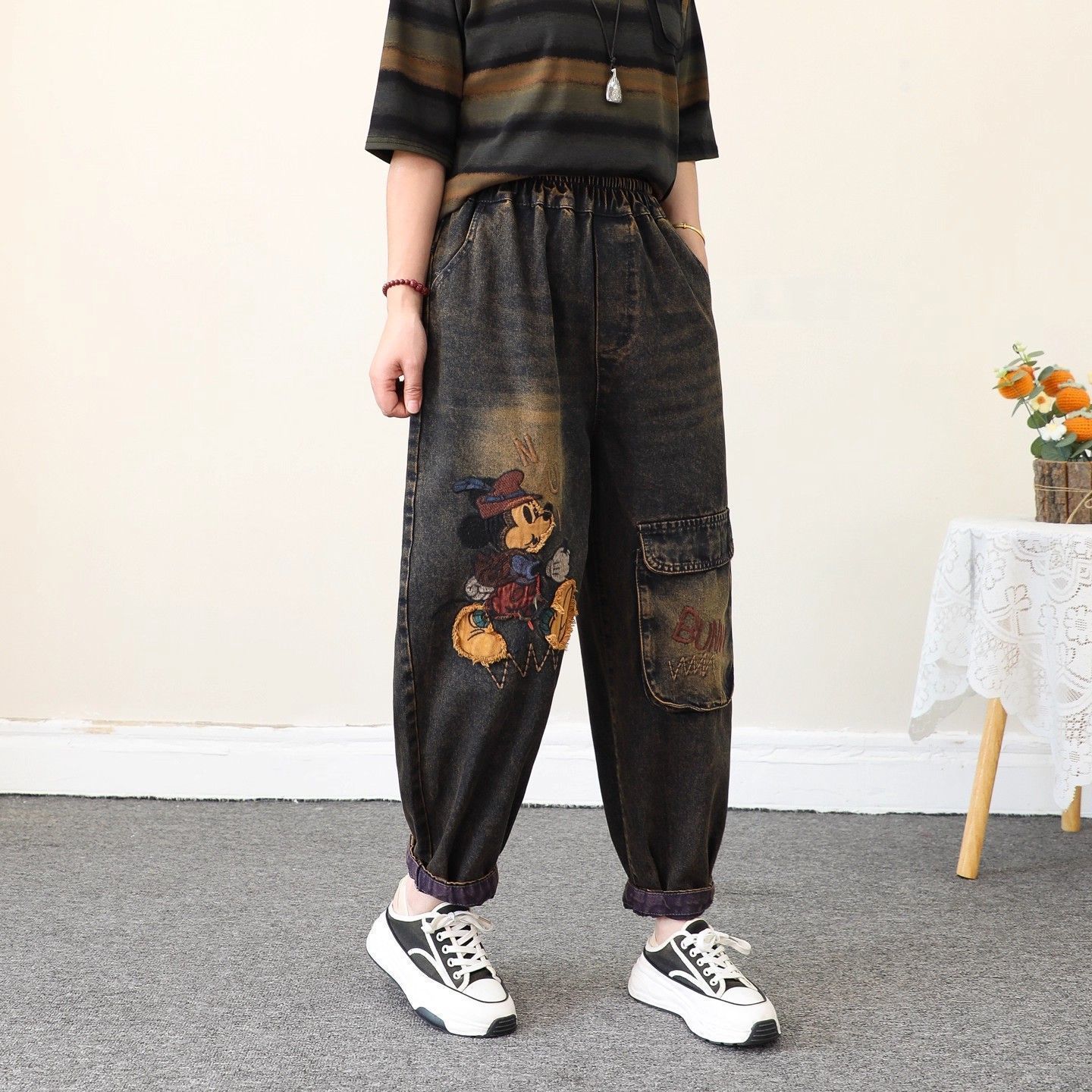 

Весна и Осень Новые Джинсы с Эластичной Талией, Ковбойские Брюки Харен с Высокой Посадкой, Пэчворк 3XL