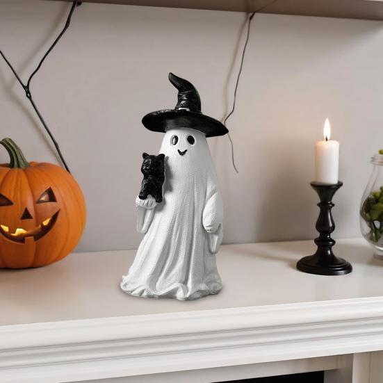 Halloween Ornament Spøkelse Heksehatt Gresskardesign Resin Statuett Dekorasjon Hjemmefest Atmosfære Rekvisitter
