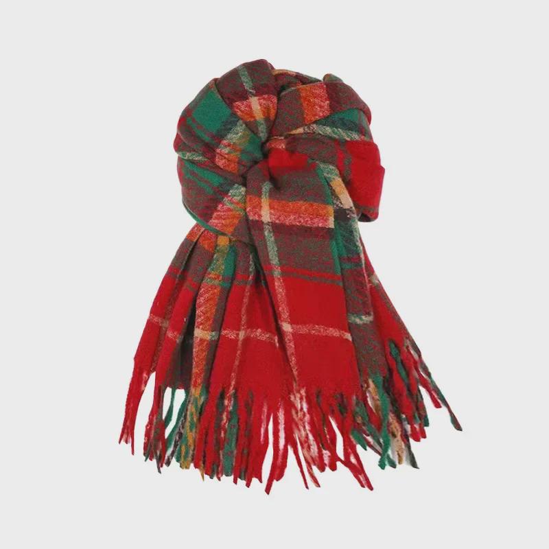 New Year Christmas Red Tassel Plaid Scarf - Women's High-End Warm Winter Korean Shawl