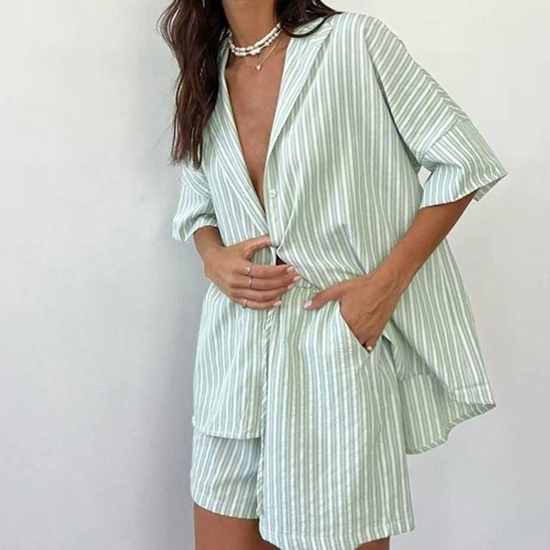 Fashion New Arrival Stand Collar Short Sleeve Stripes Shirt Loose Shorts Suit Striped Shirt Shorts Set
