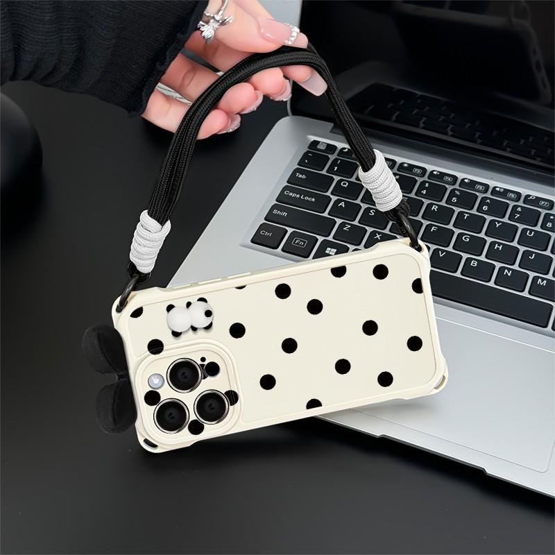 Polka Dot Panda for IPhone 16 Phone Case 15pro for Apple 16ProMax Couple Model 14 with Lanyard 13