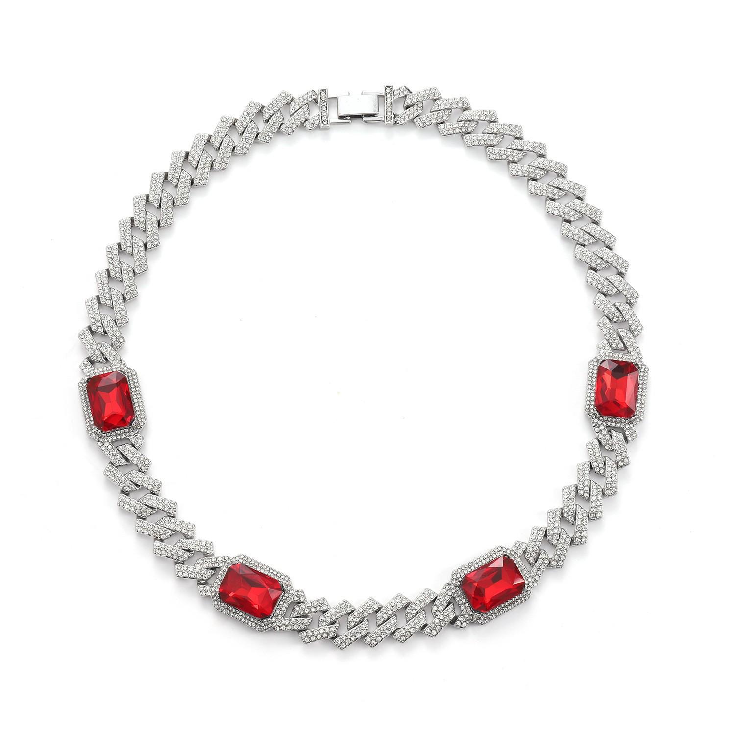 Hip Hop 15MM Full Diamond Bling Big Red Gem Choker Iced Out Cuban Link Chain Necklace Jewelry cuban link chain&16inch necklace красный