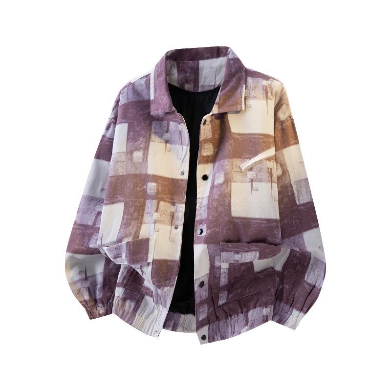 Men's Abstract Plaid Print Jacket Turn-Down Collar Button Down Oversized Streetwear Coat