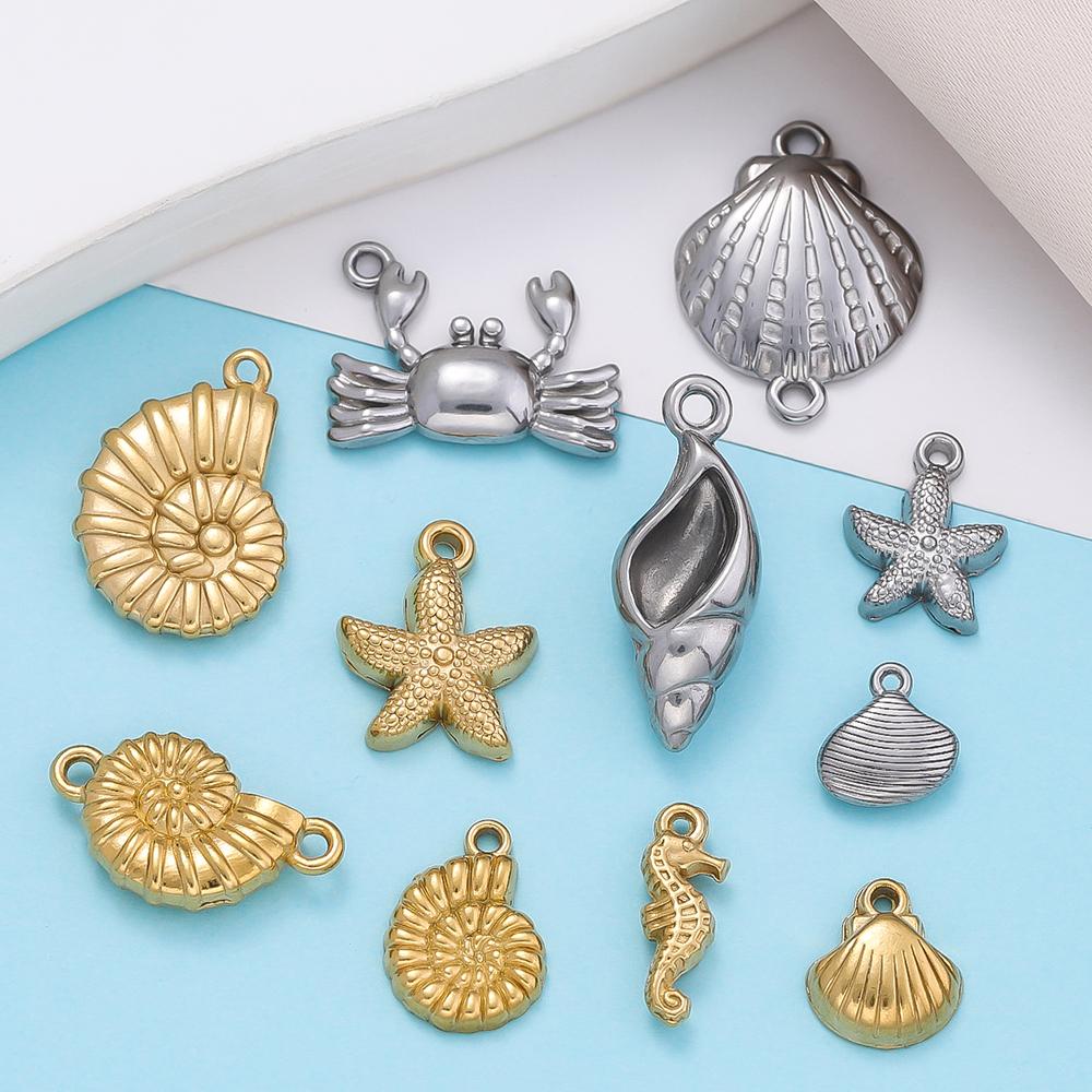 2Pcs Stainless Steel Ocean Theme Shell Starfish Turtle Conch Charms for DIY Handmade Earring Necklace Bracelet Jewelry Making