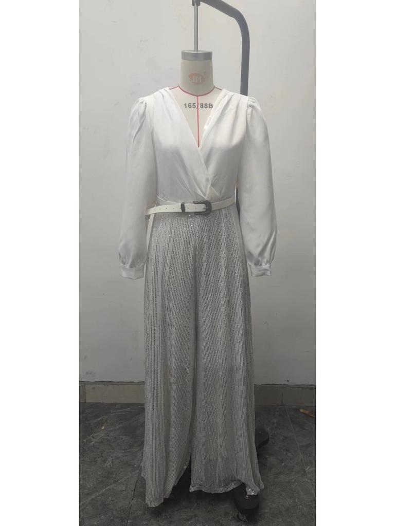 Women's Jumpsuit Fashion V-neck Long Sleeved Shirt with Elegant Temperament Slim Waist and Sequin Wide Leg Pants
