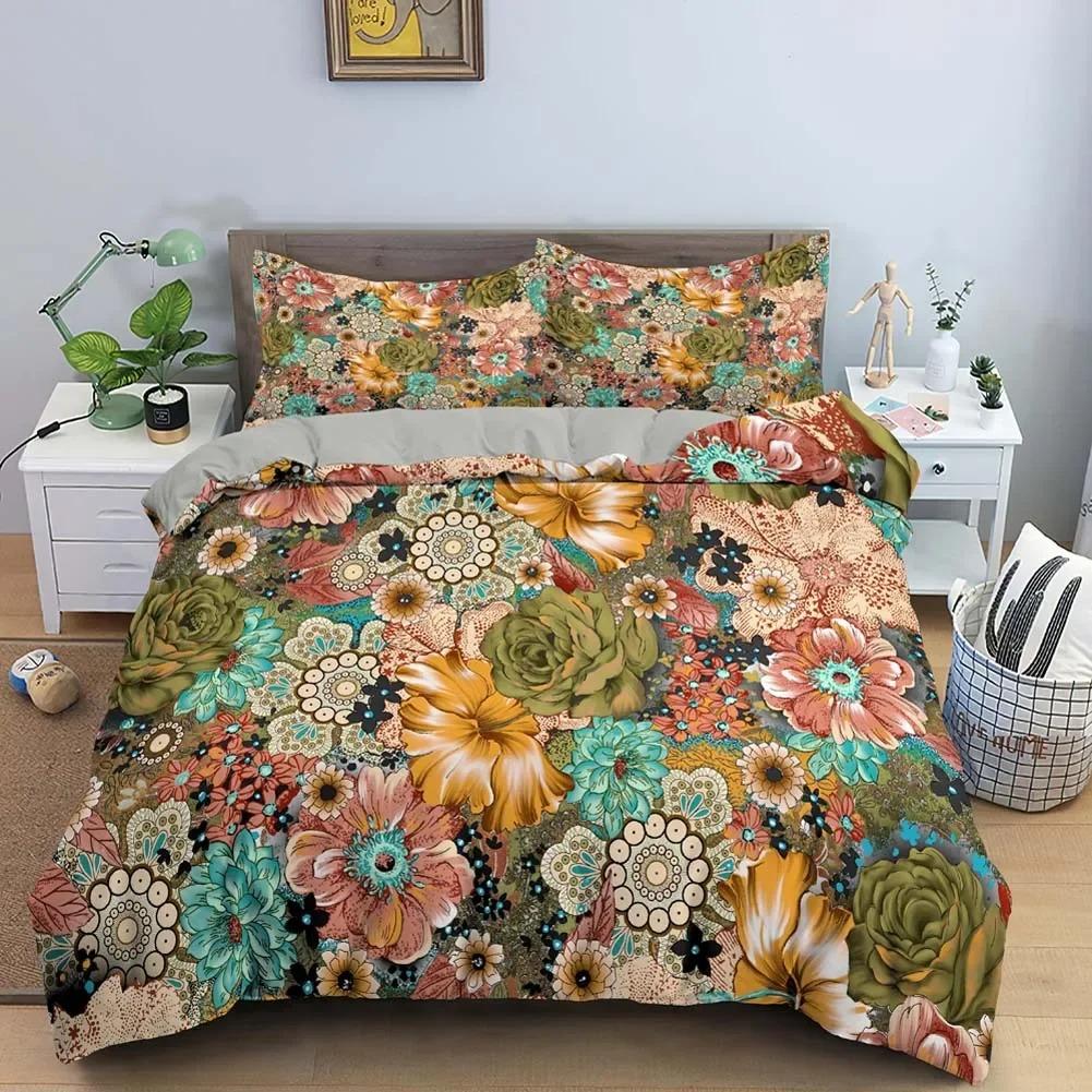 Vintage Blumen King Queen Bettbezug Pfingstrose Sonnenblumen Bettwäsche Set Tropischer Blumen Quilt Bezug Boho Polyester Bettbezug
