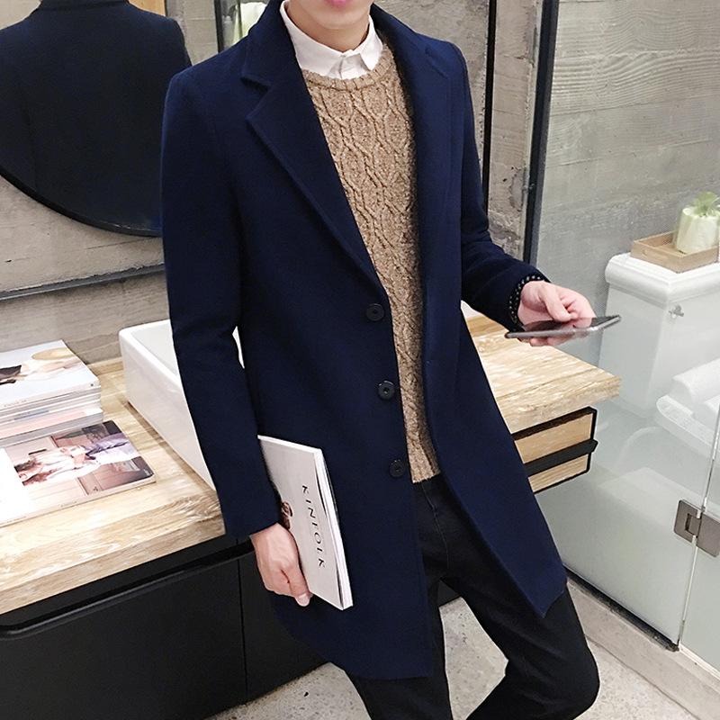 

Men s Korean Style Slim Fit Woolen Trench Coat - Mid-Length, Trendy and Handsome Autumn/Winter Wear L тёмно-синий