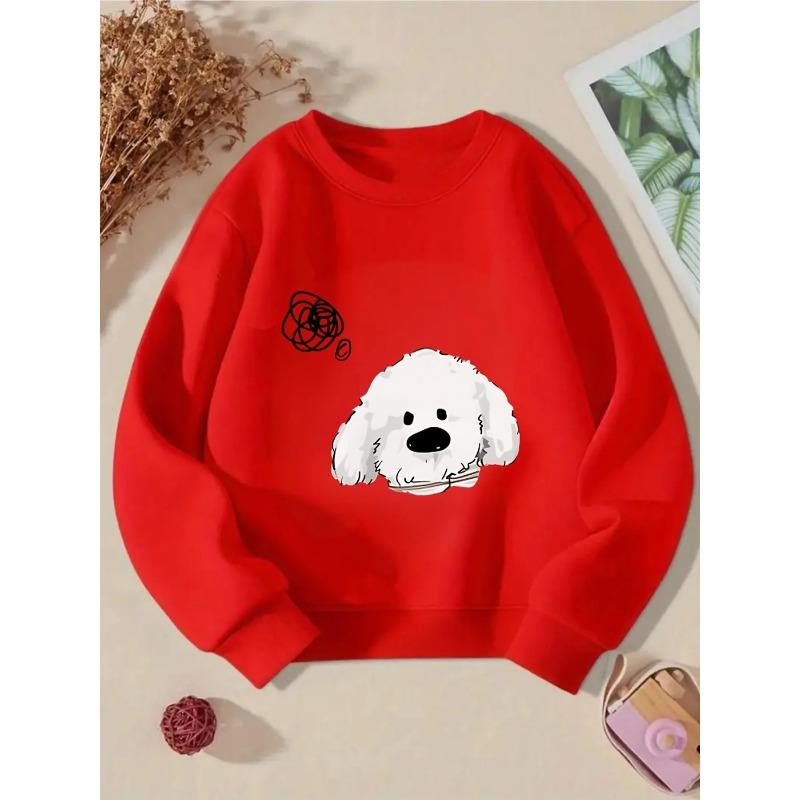 European sizes Kids' Crewneck Sweatshirt - Fluffy White Dog with Black Eyes , Sportswear And Casual Wear, Soft And Comfortable, Children's Clothing