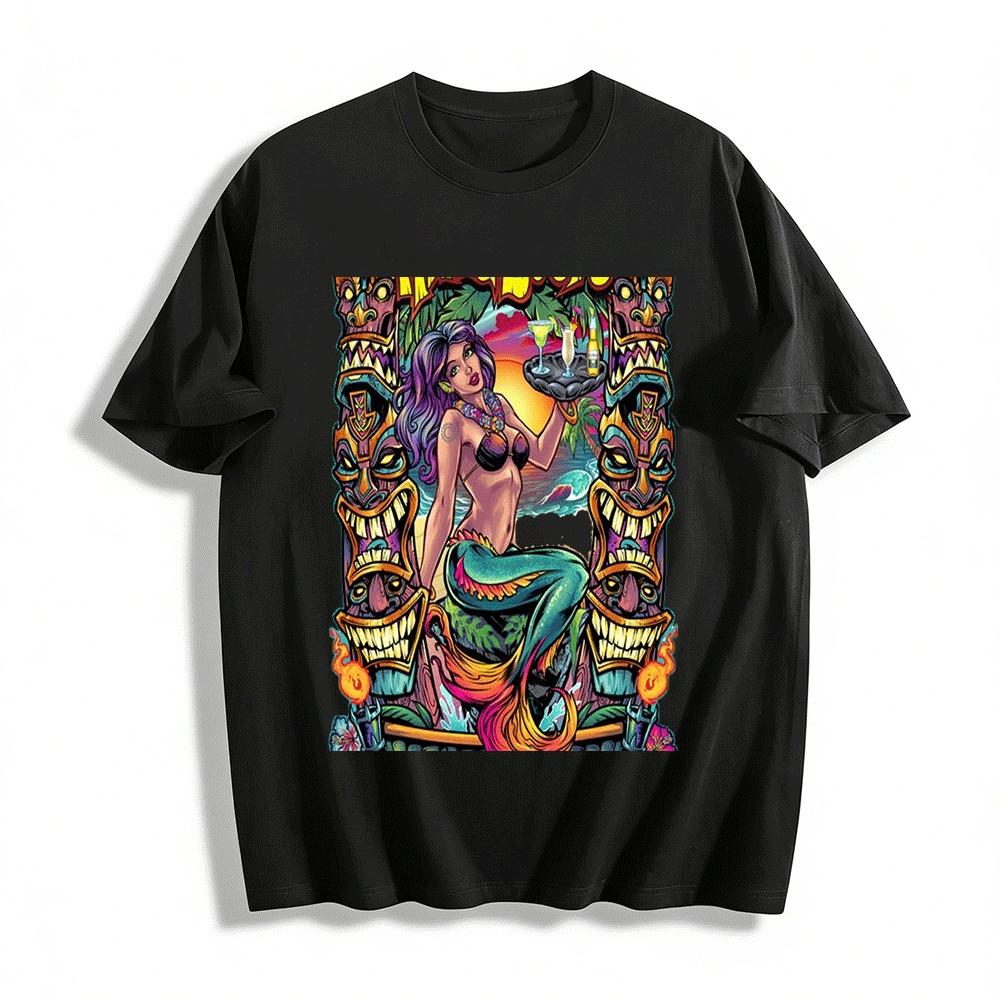 Vintage Tiki Totem Mermaid Print Casual Short Sleeve T-Shirt Pure cotton T-shirt XXS