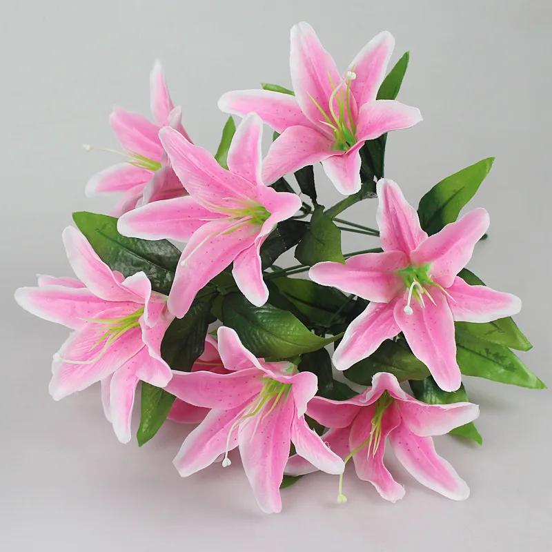 1PC 10 Heads Artificial Lily Flowers European Multicolor Fake Bridal Flower Bouquet Wedding Home Party Decoration Flowers
