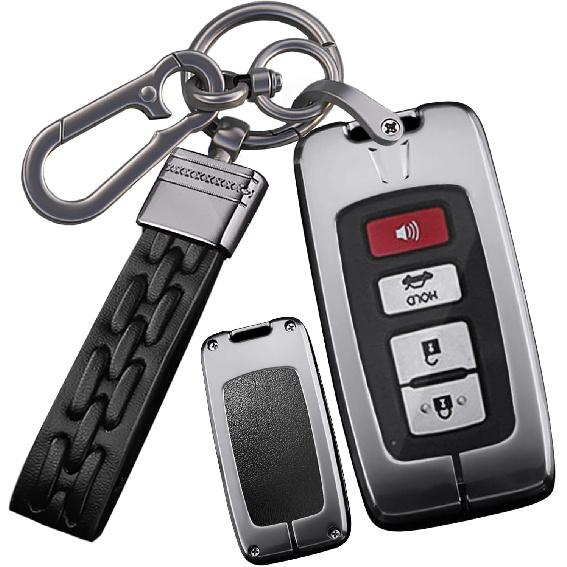 SANRILY Metal Leather 2/3/4 Button Smart Key Fob Cover for Toyota Tacoma 2023 2022 Avalon Camry Corolla RAV4 Highlander Sequoia 2021 Tundra 4Runner