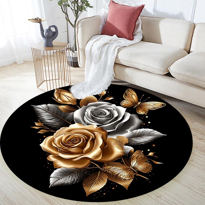 Golden Roses and Butterflies Round Area Rug,Carpet Rug for Living Room Bedroom Sofa Playroom Decor,Non-slip Floor Mat