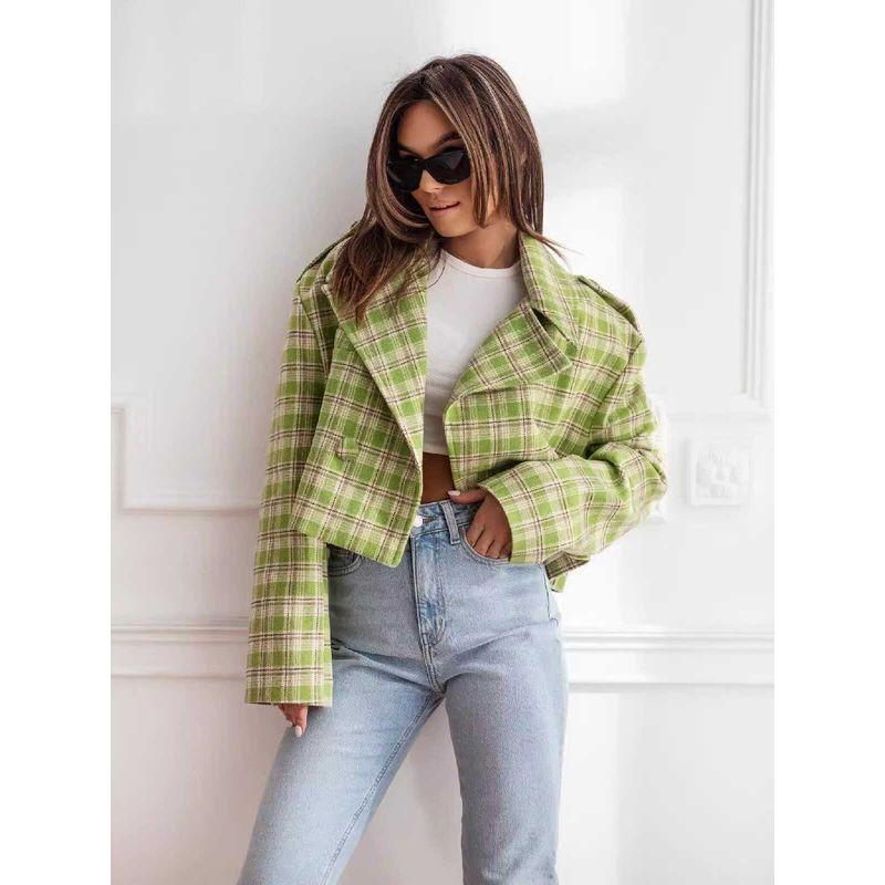 

Осенне-зимний модный стиль Одежда Элегантный женский пиджак в клетку Новинка Стильная мода Элегантный колледж-стиль Green Gingham S