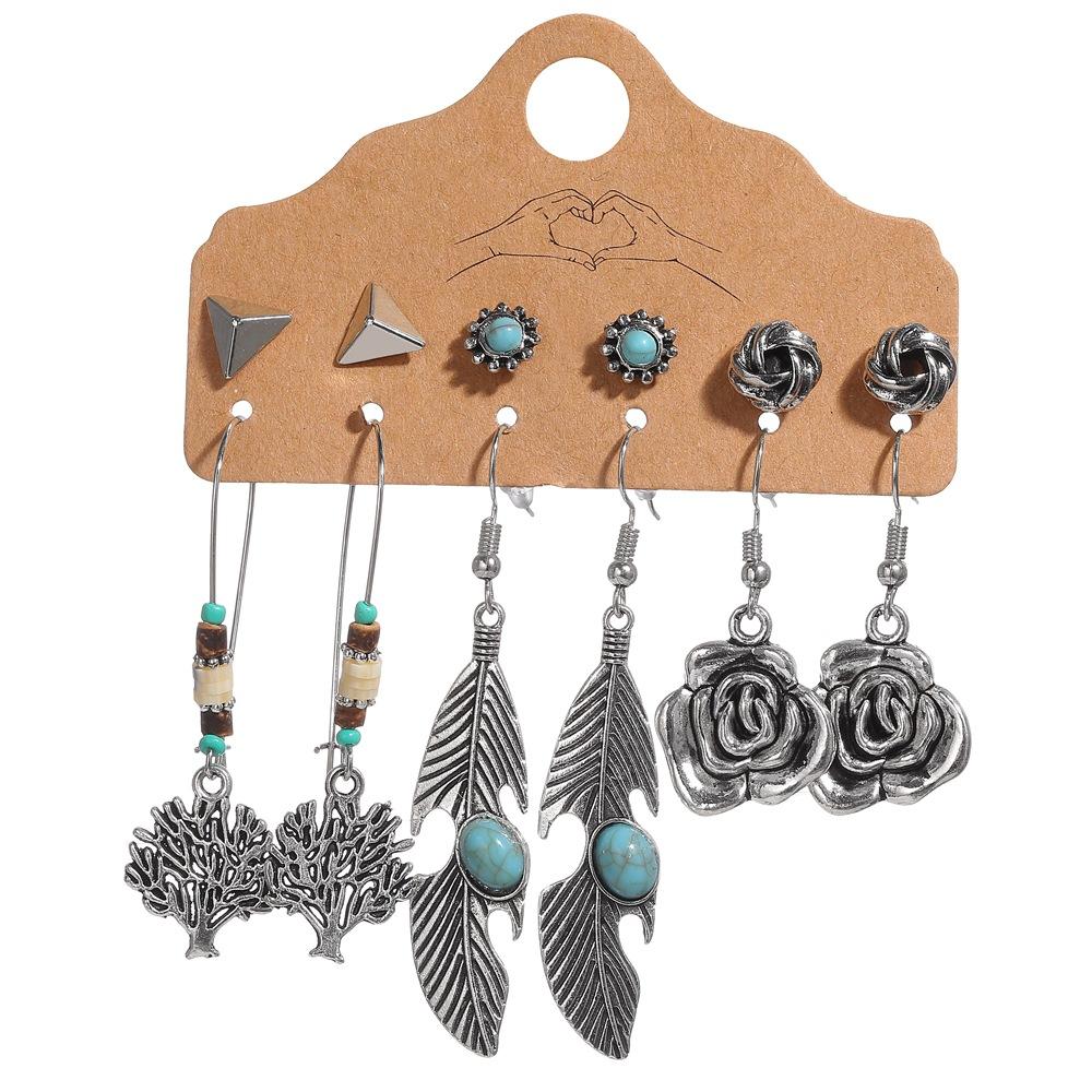 Bohemian Vintage Tibetan Silver Color Earring Sets For Women Ethnic Geometric Heart Shape Leaf Shell Drop Earrings Jewelry Gifts