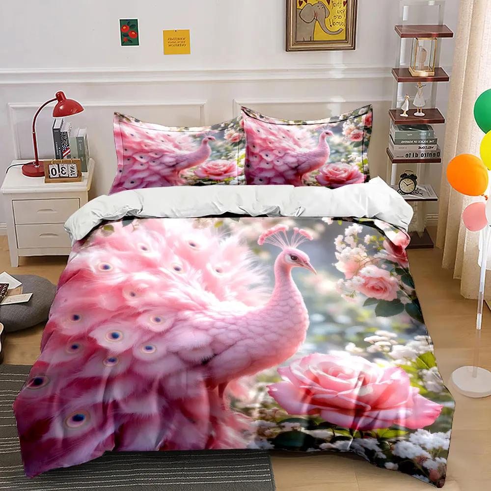 """Set de décoration Paon Rose" Ensemble de literie Housse de couette Douce et Confortable Comprend 1*Housse de couette & 2*Taies d'oreiller Cadeau"""