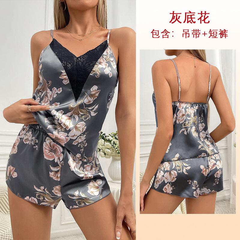 Popular spring and summer women s printing ice silk lace splicing pajamas homewear source manufacturer 577 S