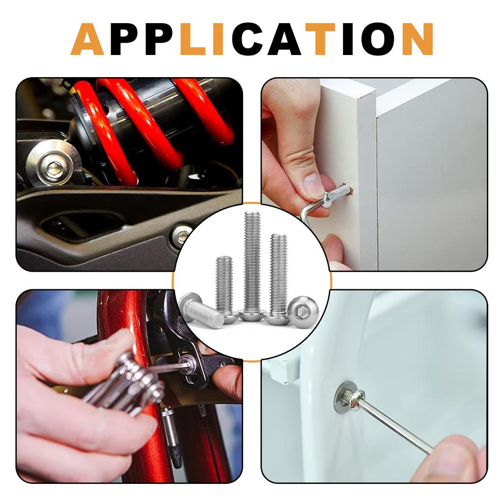 M5/M6 Button-Head Hex Head Screws 144Pcs Hex Head Drive Screws Nut Washer Assembly Kit Stainless Steel 304, Smooth, Full Thread