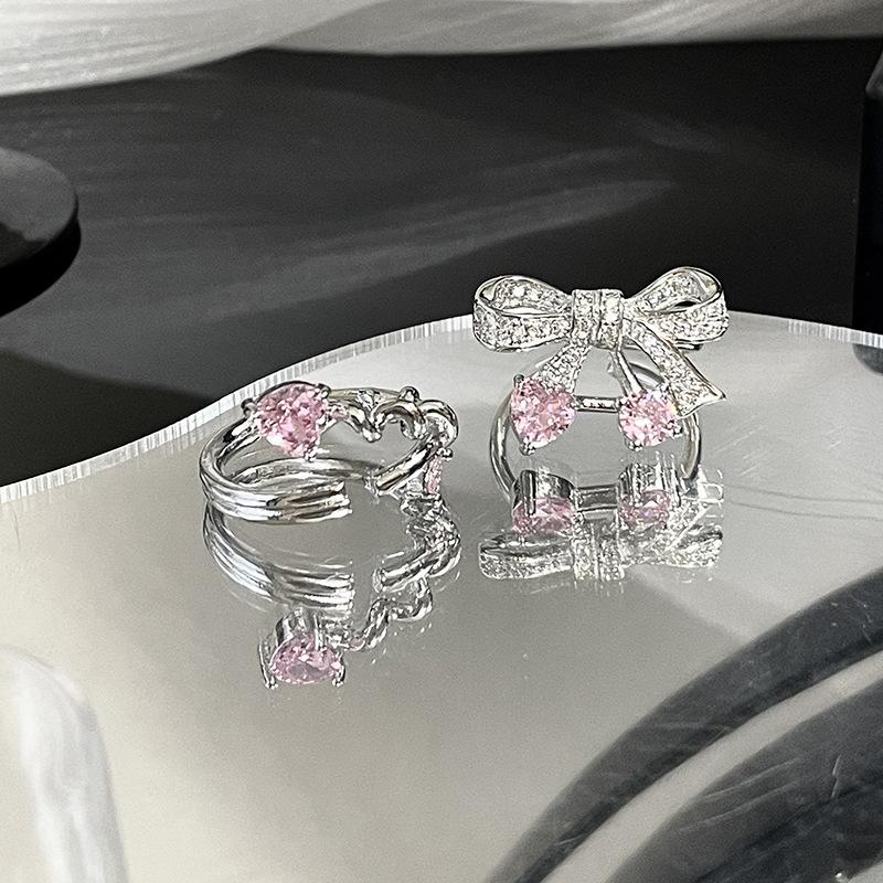 Rosa Liebes-Schleife Kirsch-Zirkon Mikroeingefasster Ring Personalisierter Mode-Mädchenherz Offener Ring