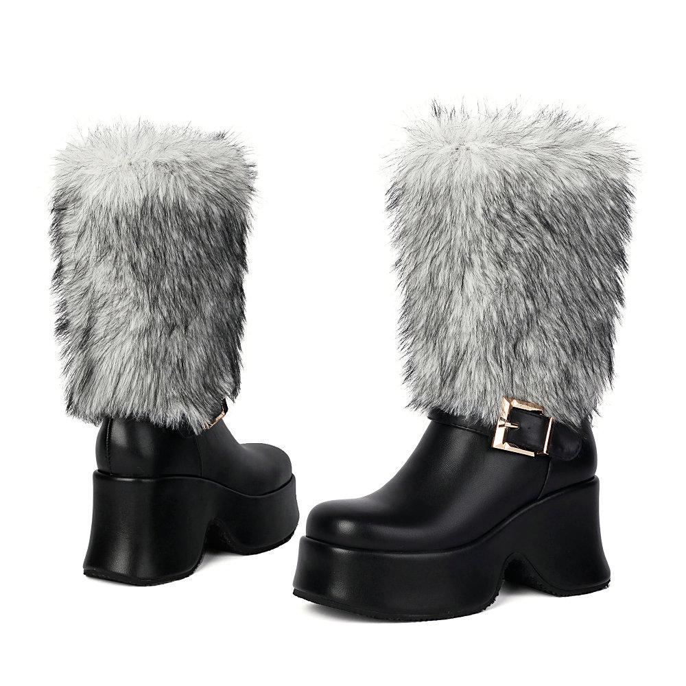 

Winter Snow Boots Women s Mid Calf Platform Boots with Warm Fur 2024 Punk Style Leather Wedges Shoes 34 чёрный