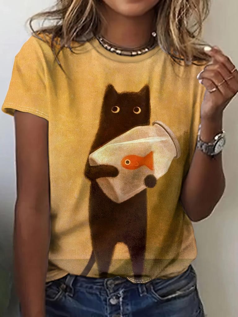 Summer Women Fashion T-shirt Funny Cartoon Cat Pattern O-Neck Tops Tees Female Short Sleeve Clothing Ladies Daily Casual Outfit