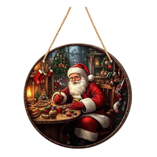 Winter Santa Wall Art Christmas Wooden Round Hanging Sign, Claus Highland Cow Theme Holiday Party Accents Door Decor, Farmhouse Welcome Ornament