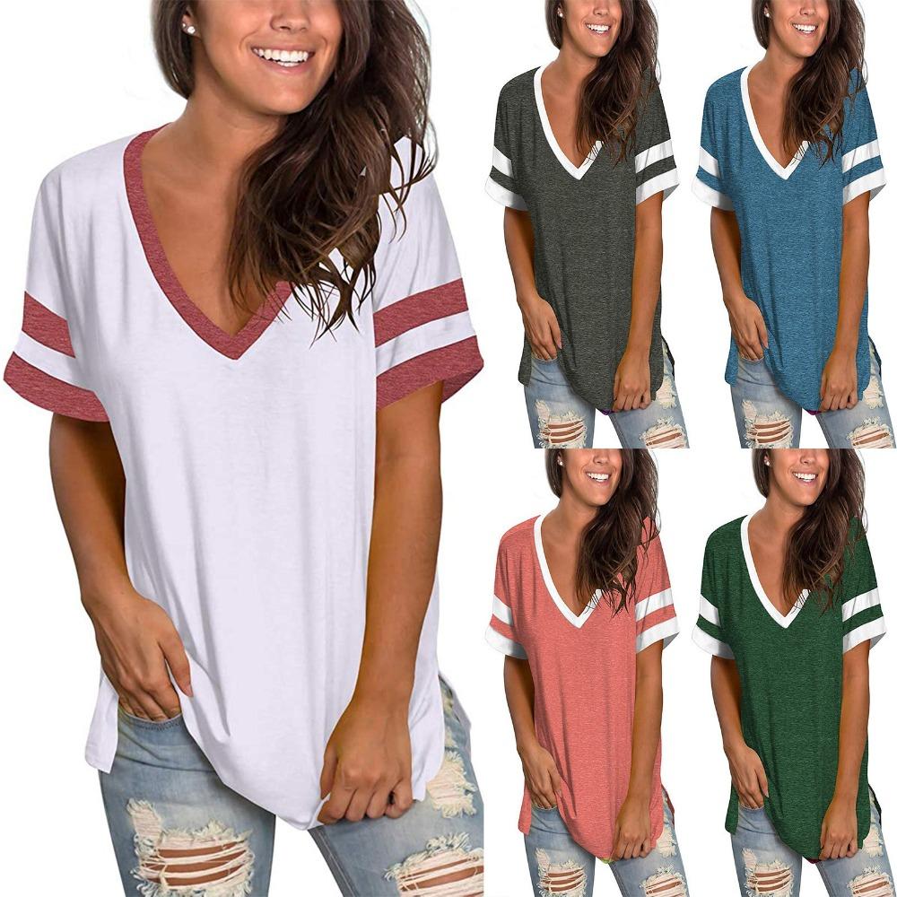 2026 Europa und die Vereinigten Staaten Frühjahr und Sommer neues Damen Basistop einfarbig V-Ausschnitt Patchwork Kurzarm locker T-Shirt