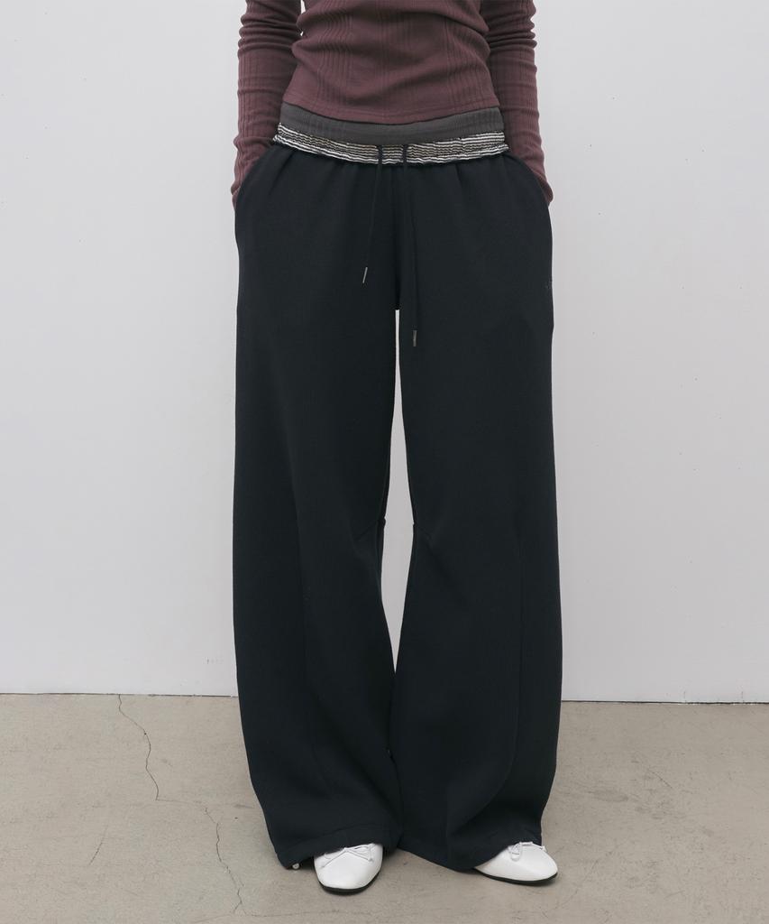 Seul Folded Waist Waffle Curved Tab Pants_Navy