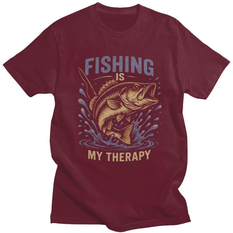 Fishing Is My Therapy T Shirt Men Short Sleeve Angler Fishman Lover Tshirts Casual Tee Tops For Husband Father Oversized Tshirt