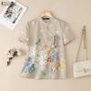 ZANZEA Women Summer Floral Print Casual Short Sleeve Lace Up Blouse