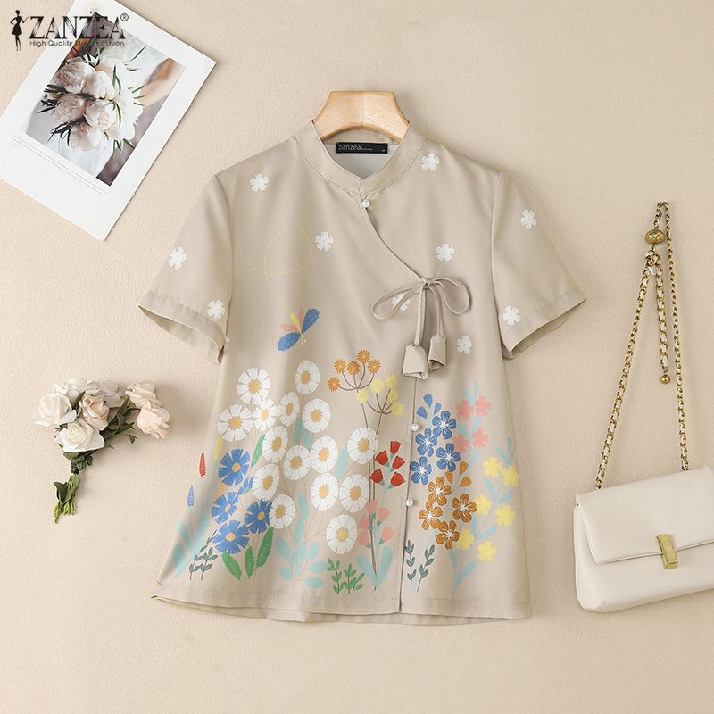 ZANZEA Women Summer Floral Print Casual Short Sleeve Lace Up Blouse