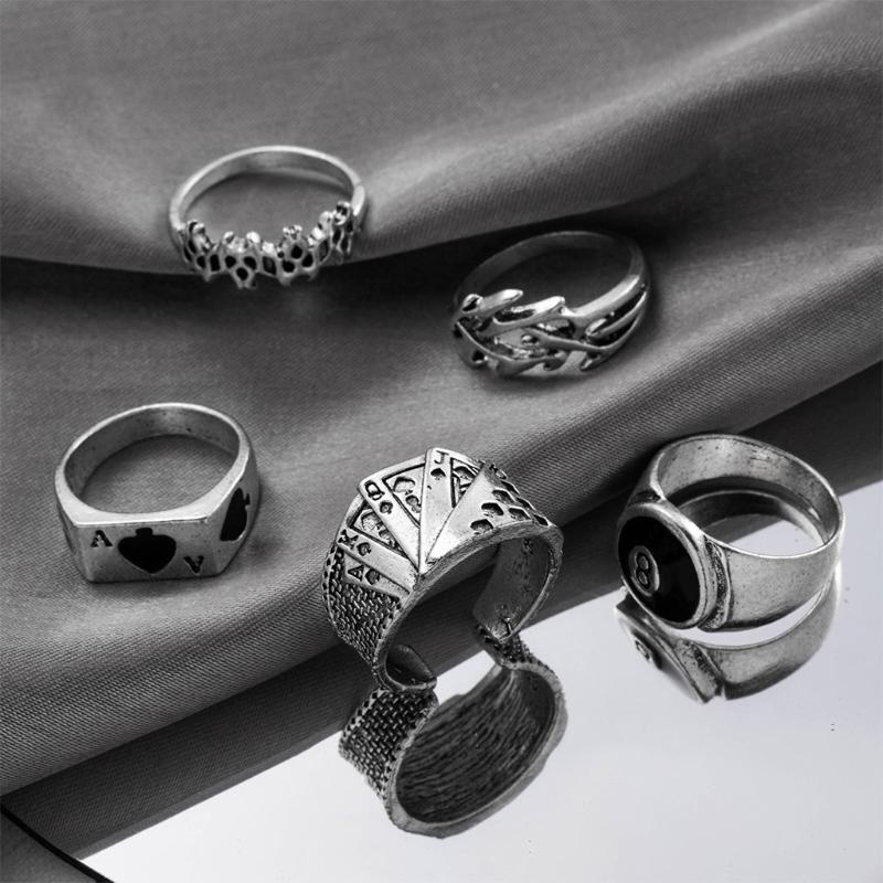 5 Pieces Punk Poker Billiards Rings for Women Funny Goth Hip Hop Retro Fashion Male Couple Birthday Festival Jewelry