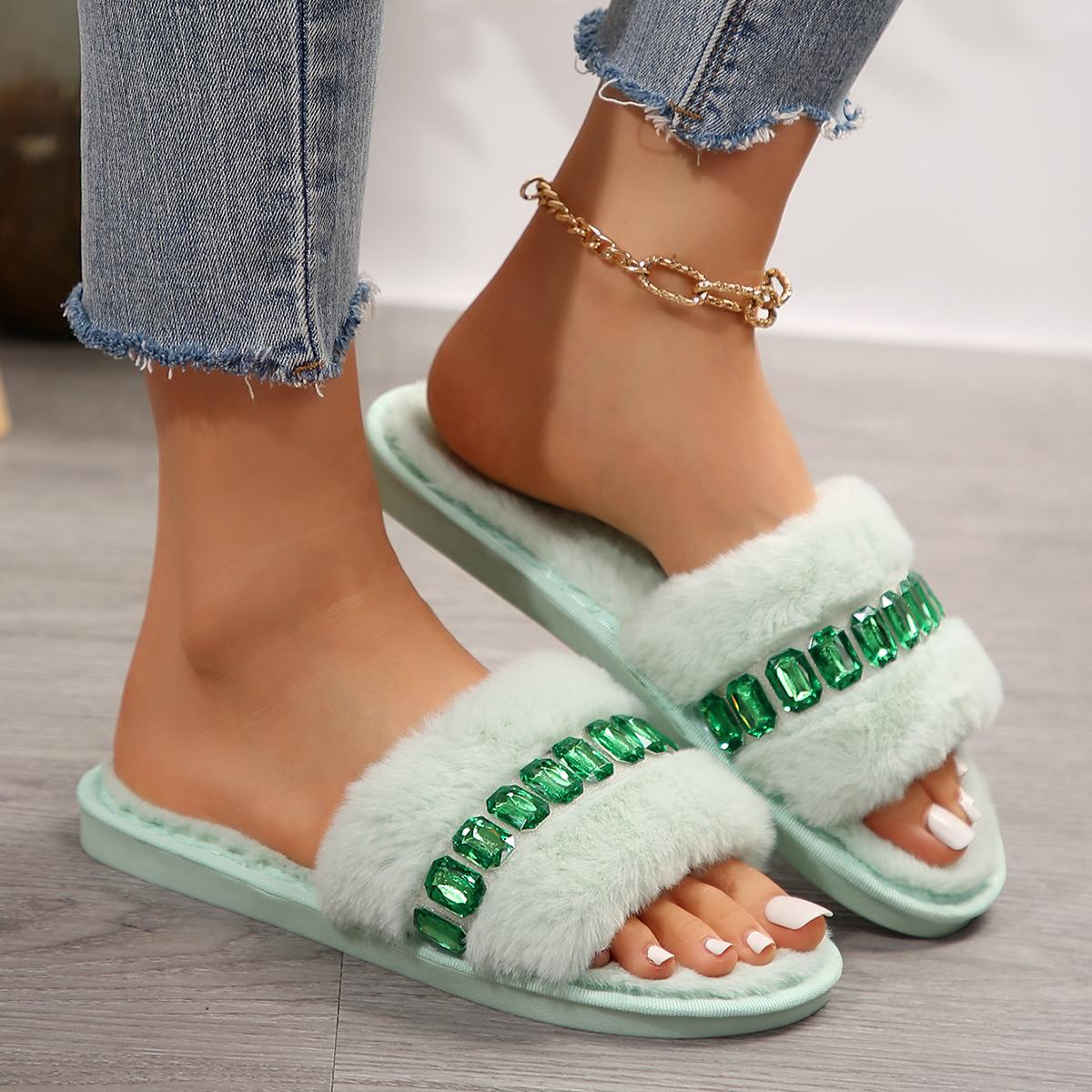 

Fashion Women Slippers Winter Rhinestone Luxury Designer Slippers Women Cozy Furry Slippers Soft Plush Home Indoor Shoes Slides Women 36-37 зелёный