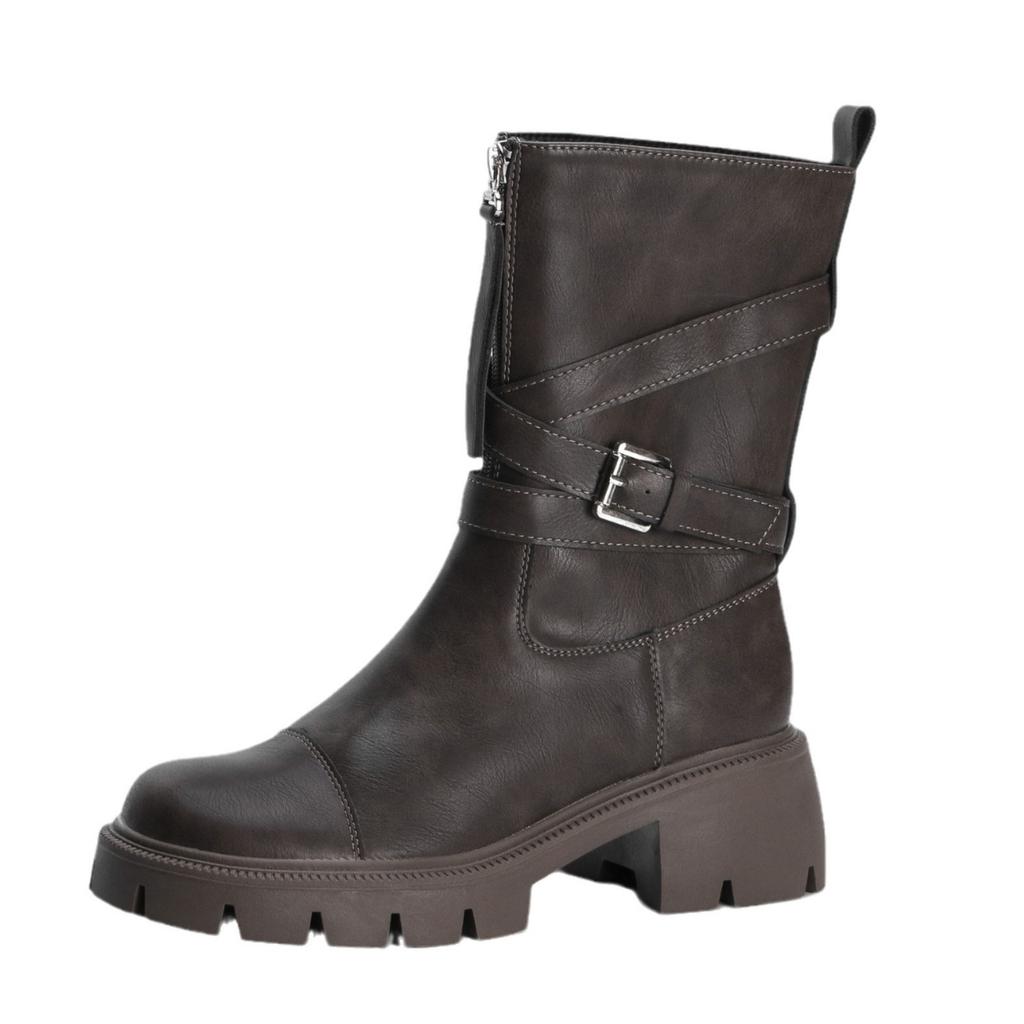 2025 winter new mid-tube knight boots women's platform locomotive boots Internet celebrity belt buckle Korean version leather boots women's outer wear