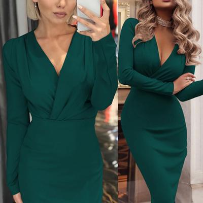 Evening Party Women Solid Color V Neck Long Sleeve Knee Length Bodycon Dress