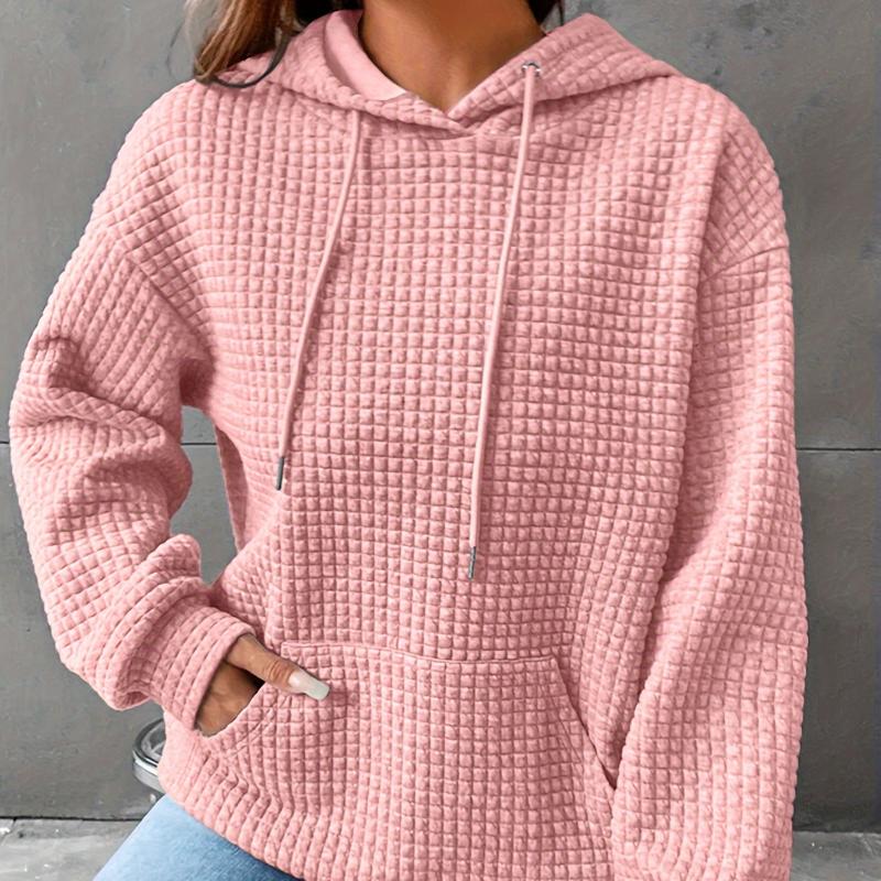 Plus Size Casual Sweatshirt, Women's Plus Solid Waffle Pattern Long Sleeve Drawstring Hooded Sweatshirt With Pockets
