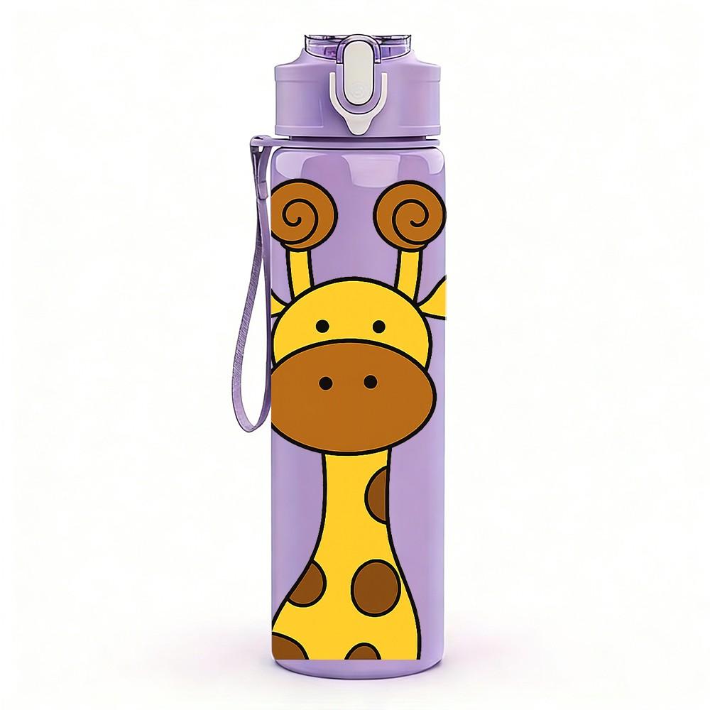1PC Cartoon Giraffe Animal Pattern 750ml Color Plastic Sports Water Bottle Leakproof Flip Straw Lid Suitable for Sports Office Home Use