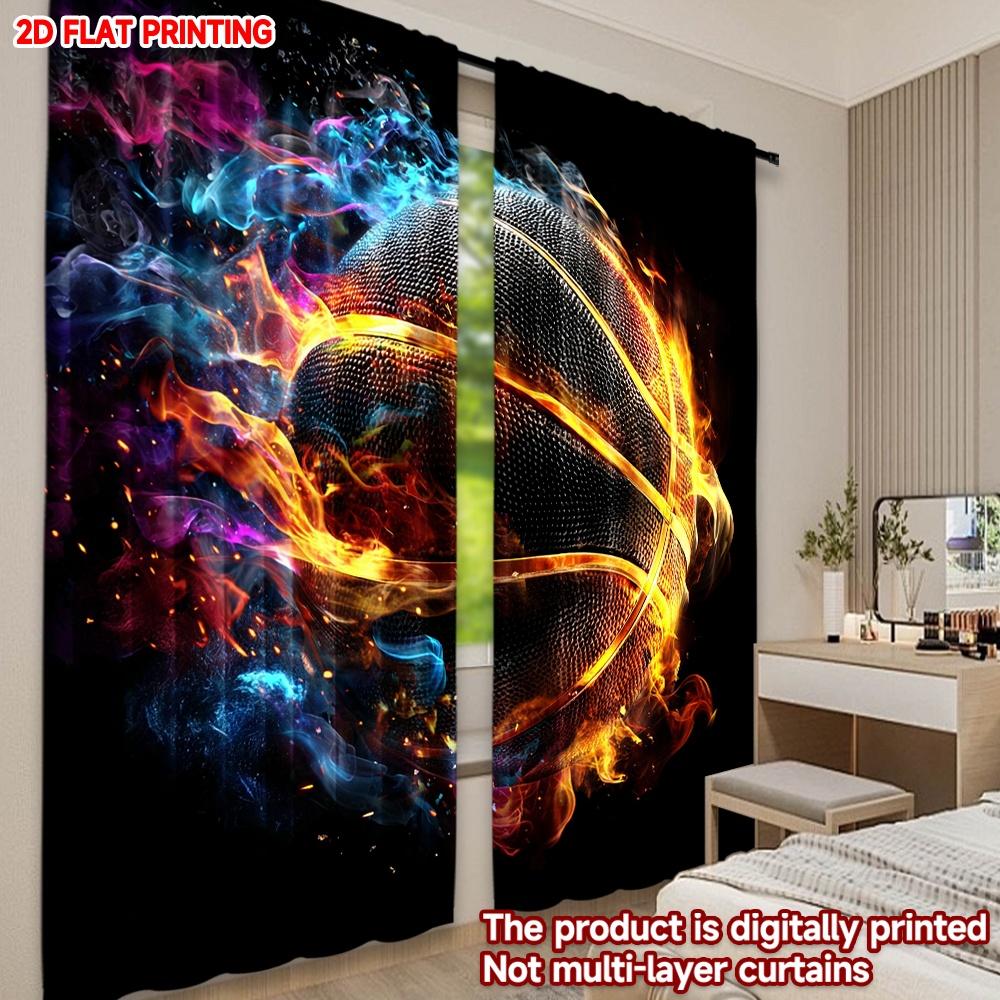 Set Of 2 Flaming Basketball Curtains Digital Printing Dynamic Orange Blue Fireball Black Background Sports Fan Room Decor Curtain Polyester