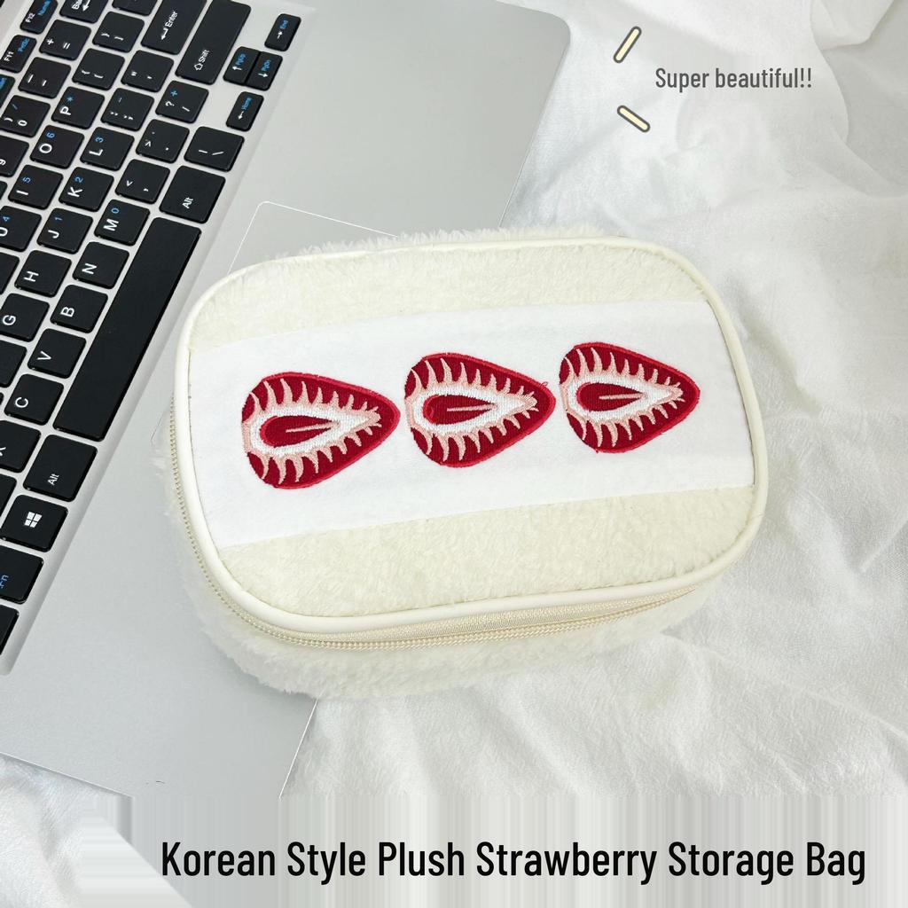 Plush Strawberry Embroidered Makeup & Stationery Bag