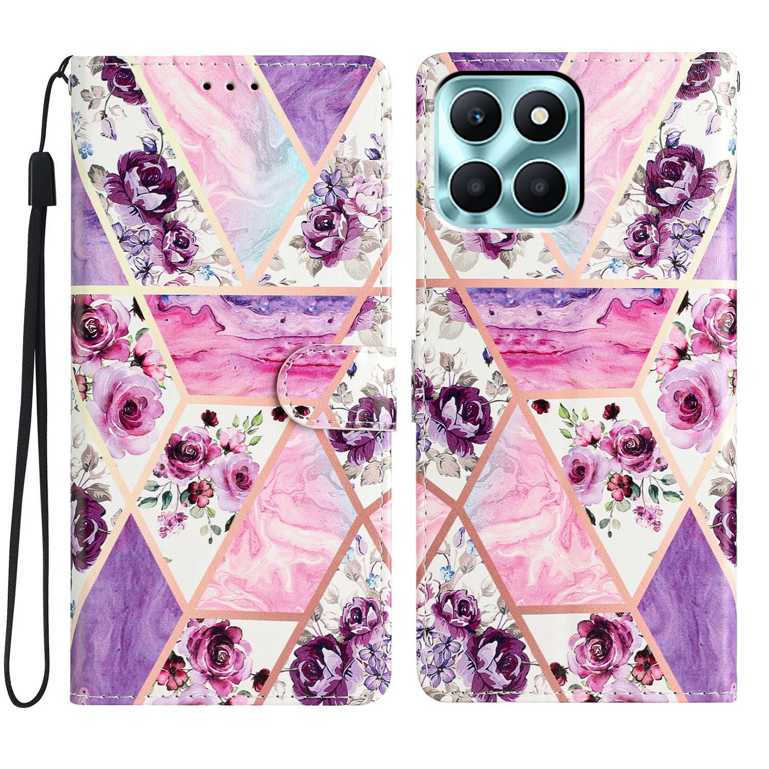 

For Honor X6c 4G Wallet Case PU Leather Pattern Printing Stand Phone Cover with Strap Purple Flowers