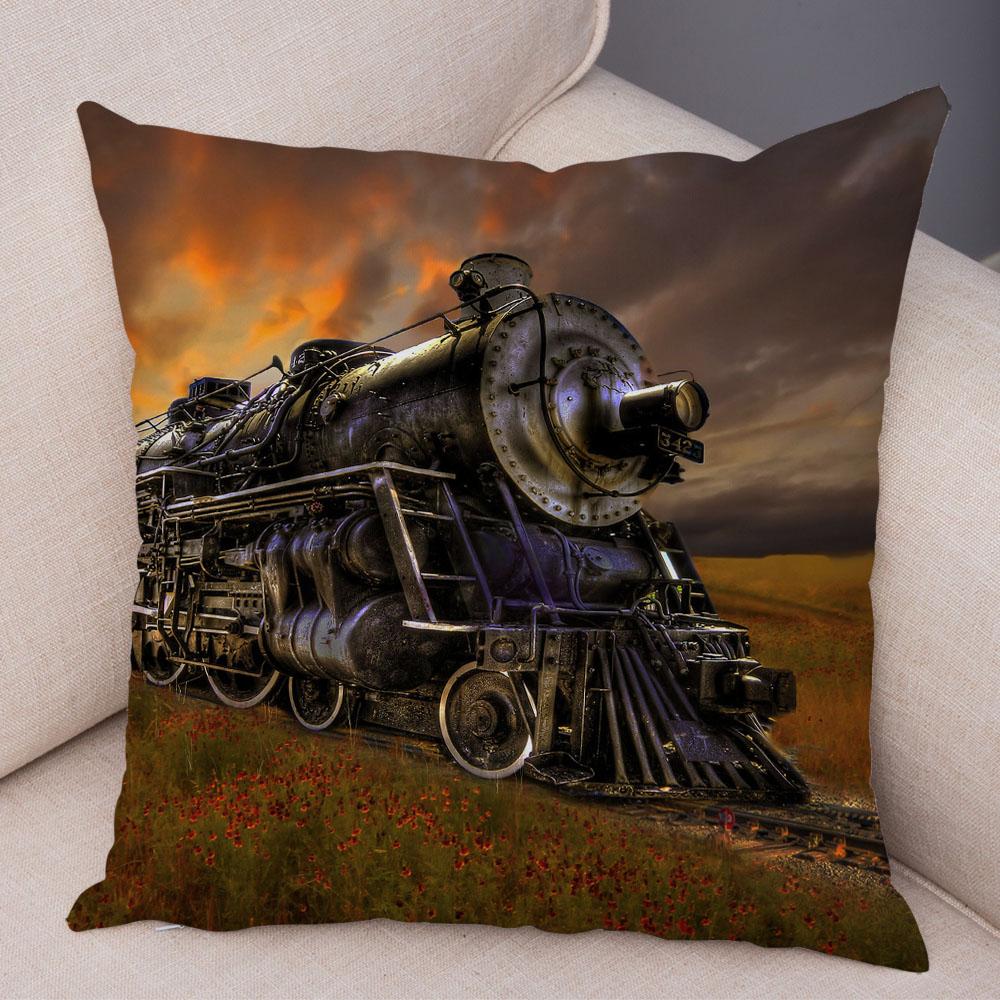Vintage Style Steam Train Pillow Case Decor Retro Colorful Car Cushion Cover Super Soft Plush Pillowcase for Sofa Home Xcm