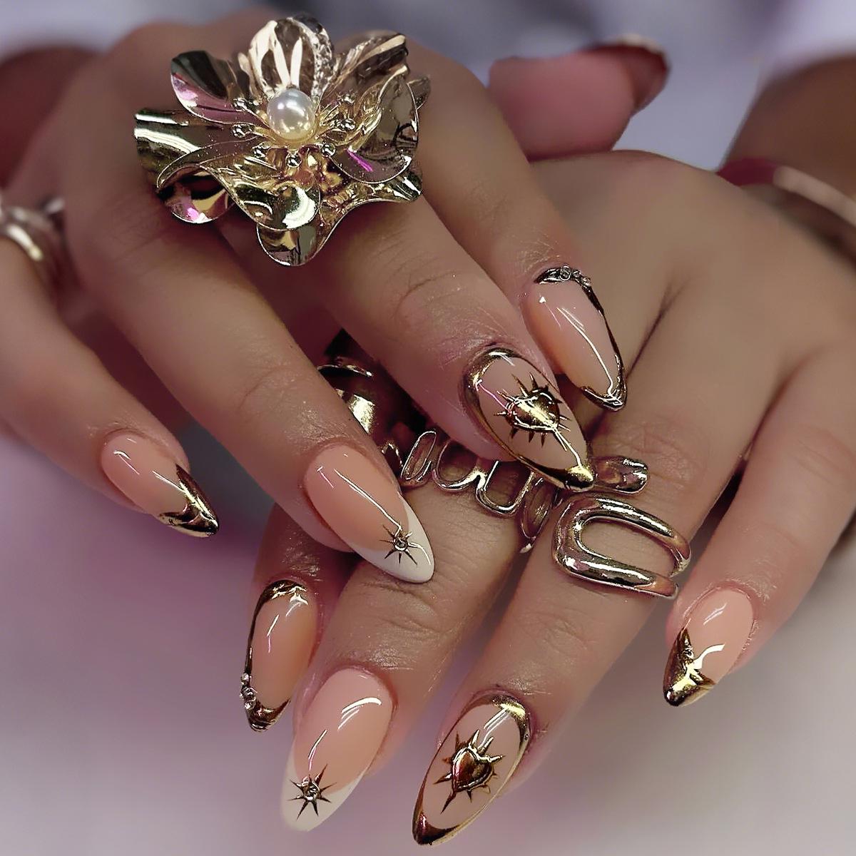 

European & American Rhinestone French Heart Starburst Press-on Nails