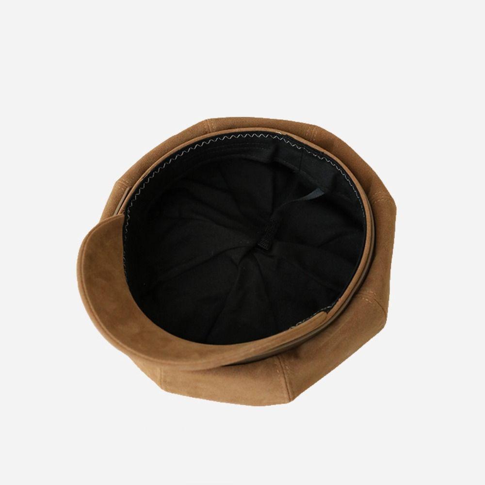 British Style Pu Leather Beret Brown Painter Hat Fashion Suede Octagonal Hat  Streetwear