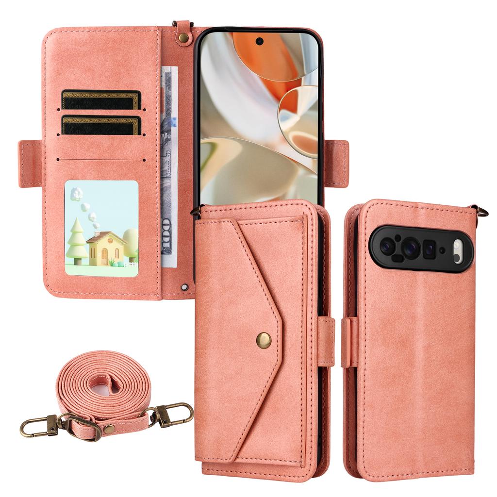 For Google Pixel 10 Pro XL/Pixel 9 Pro XL Leather Case Magnetic Closure Wallet Stand Phone Cover with Crossbody Strap